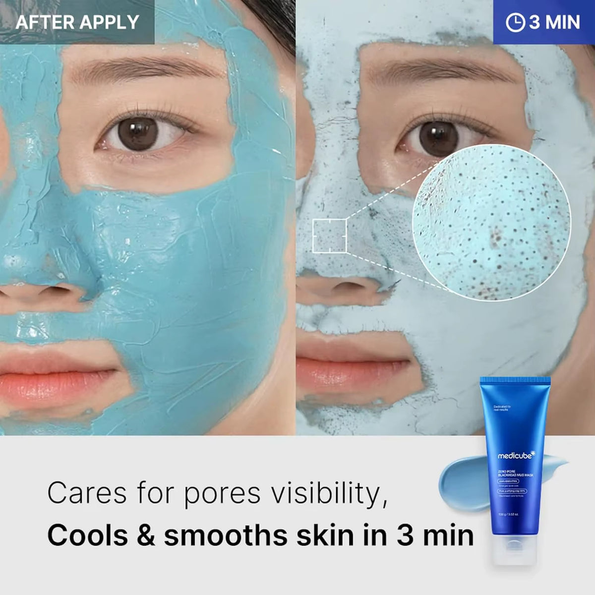 Facial mask application process with close-up of skin texture and product packaging.